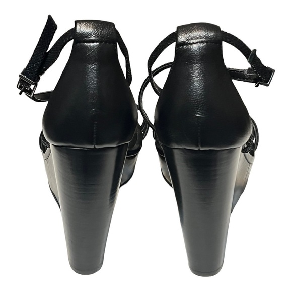 White House Black Market Leighton Wedge Jet Black Embossed Lizard Strap Sandal - Picture 2 of 6